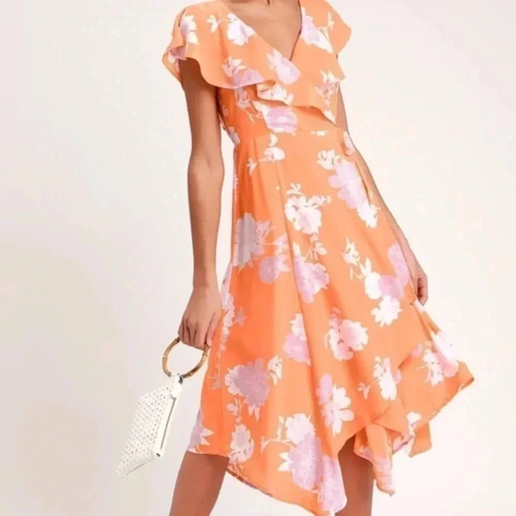 Lulus Flutter Summer Midi Orange Floral Wrap Dress Size XS - Picture 1 of 8